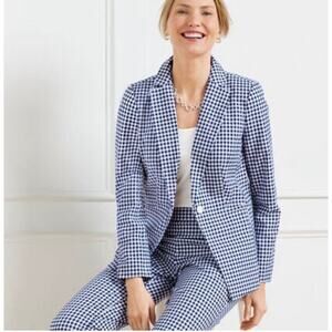 Talbots white blue plaid / houndstooth one button blazer size 6